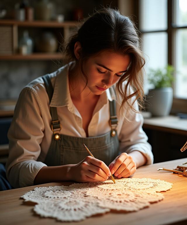 The founder of Fibrous Finish carefully examines a piece of vintage lace at a well-lit wooden workbench.