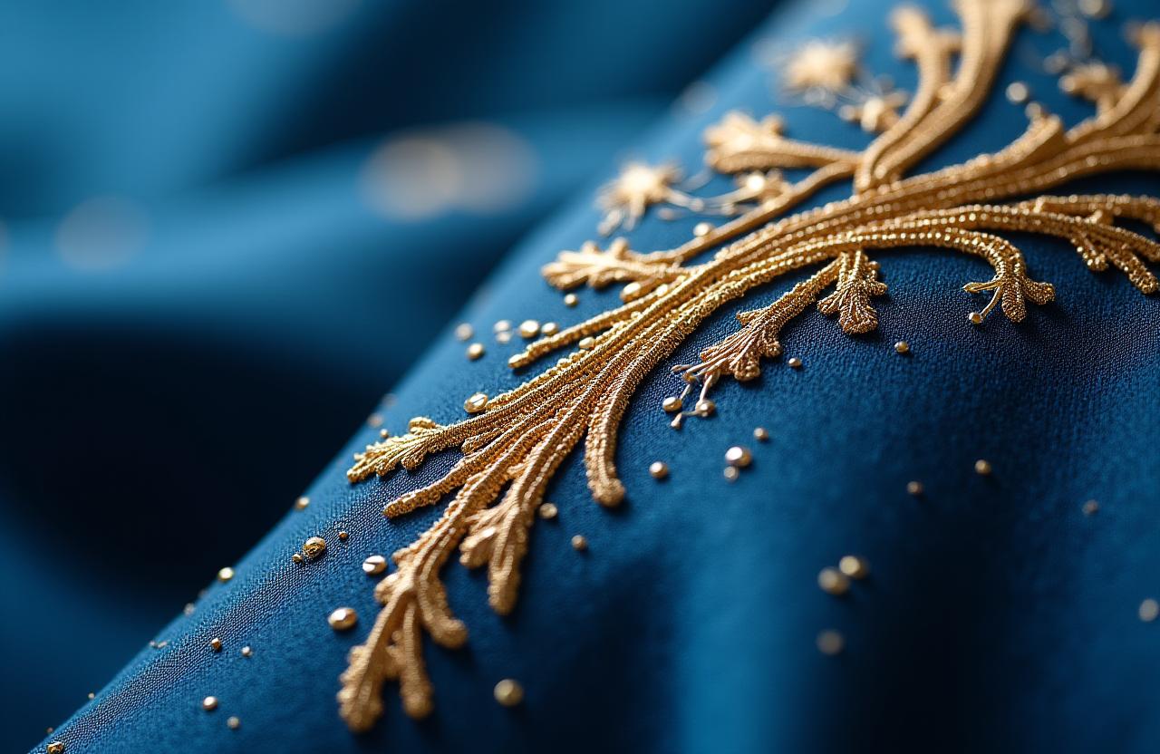 A close-up macro photograph of intricate gold thread embroidery on a deep blue silk fabric.