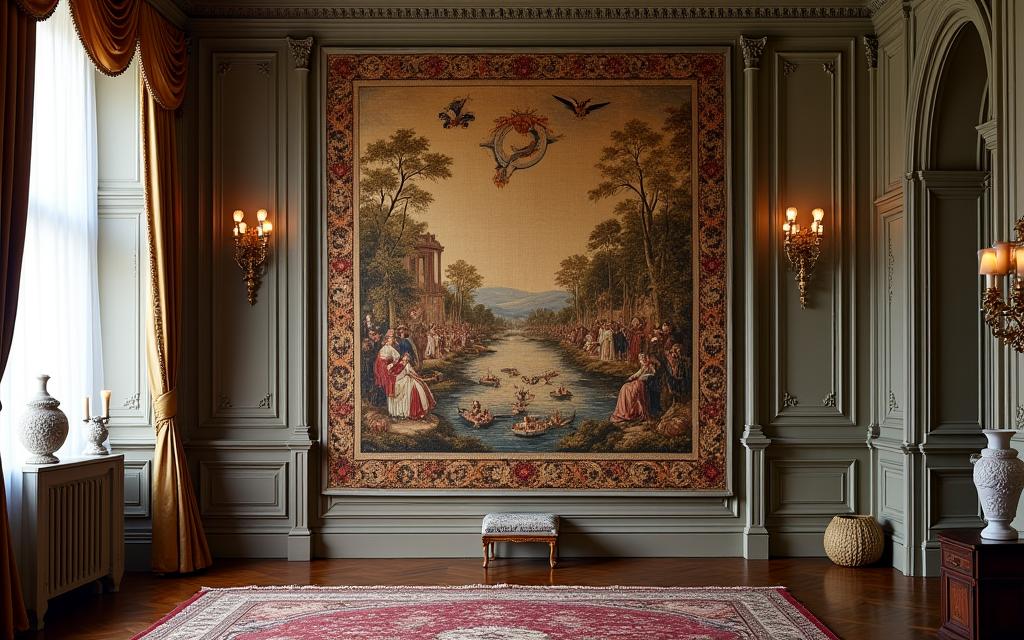 A beautifully restored 18th-century Flemish tapestry hanging in a grand room.