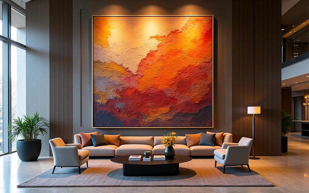 A large-scale modern textile art piece with abstract embroidery hanging in a modern hotel lobby.