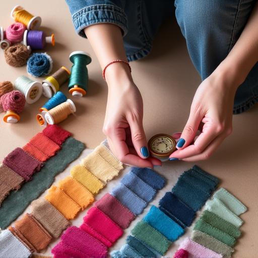 A collection of colorful fabric swatches and thread spools laid out on a table for client consultation.